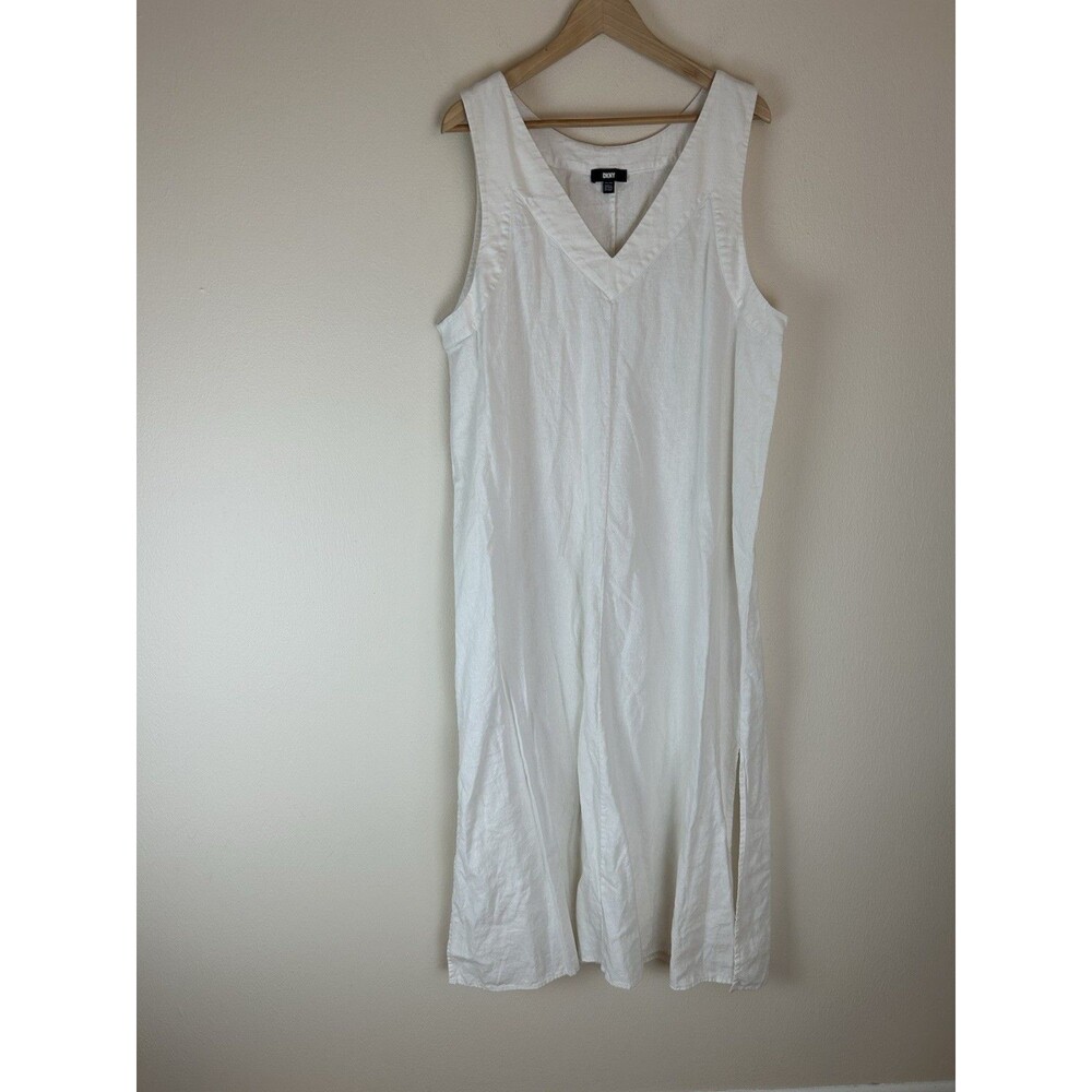DKNY Linen Blend Sleeveless V-Neck Maxi Dress Ivory Women’s Size 2XL Coastal